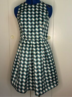 Liu Jo Teal and White Geometric Fit-and-Flare Dress